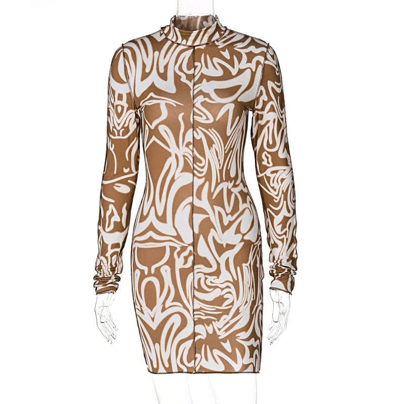Hugcitar 2021 Print Long Sleeves Bright Line Decoration Bodycon Mini Dress Summer Autumn Women Fashion Slim Outfits Y2K