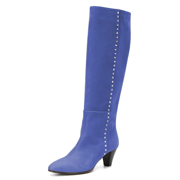 FSJ Blue Rock Studs Embellished Heeled Tall Boots for Women |FSJ Shoes