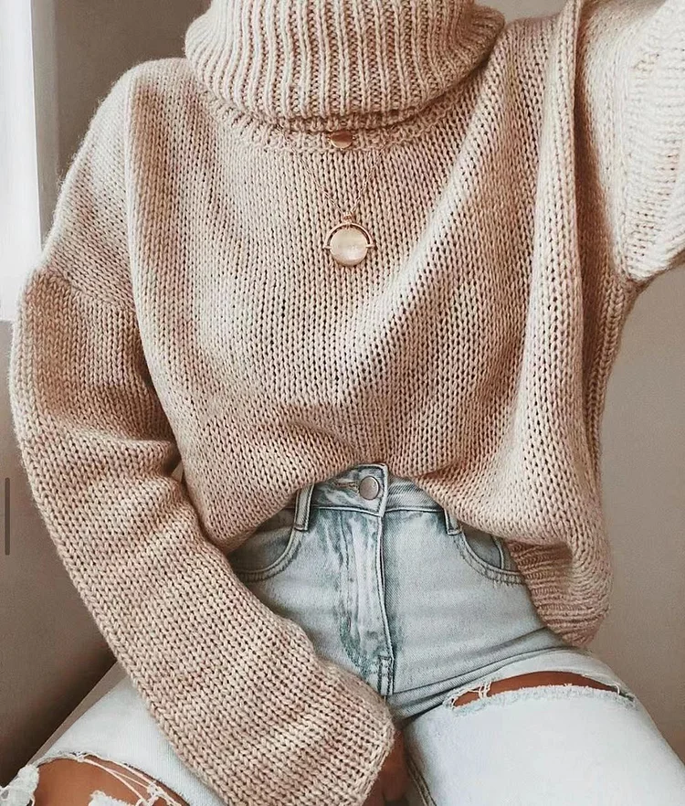 High collar solid color pullover long sleeve sweater