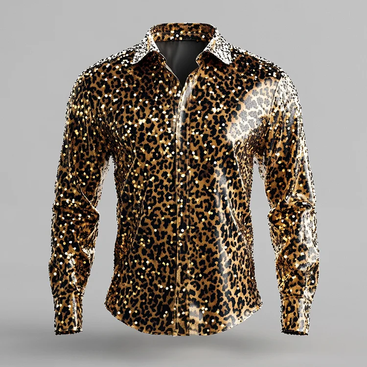 Okaywear Turndown Collar Button Long Sleeve Leopard Sequin Shirt 