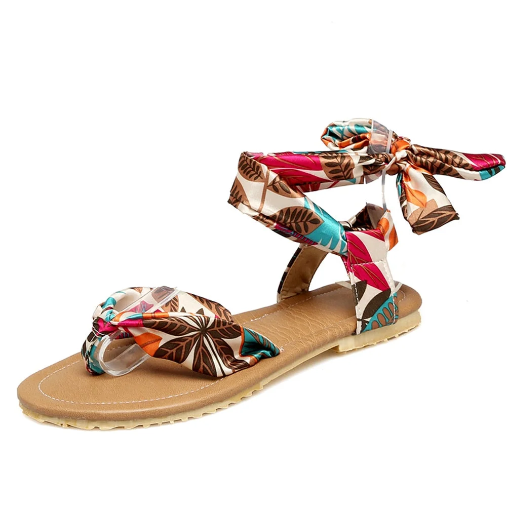 BONJOMARISA 2020 Plus Size 34-52 Flat Sandals Women Soft Casual Flower Print Women Sandals Summer Low Heel Beach Shoes Woman