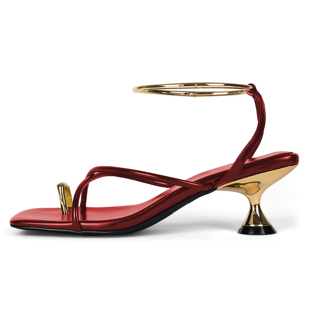 Red Metallic Touch Vegan Leather Golden Toe-Ring Ankle Strap Sandals