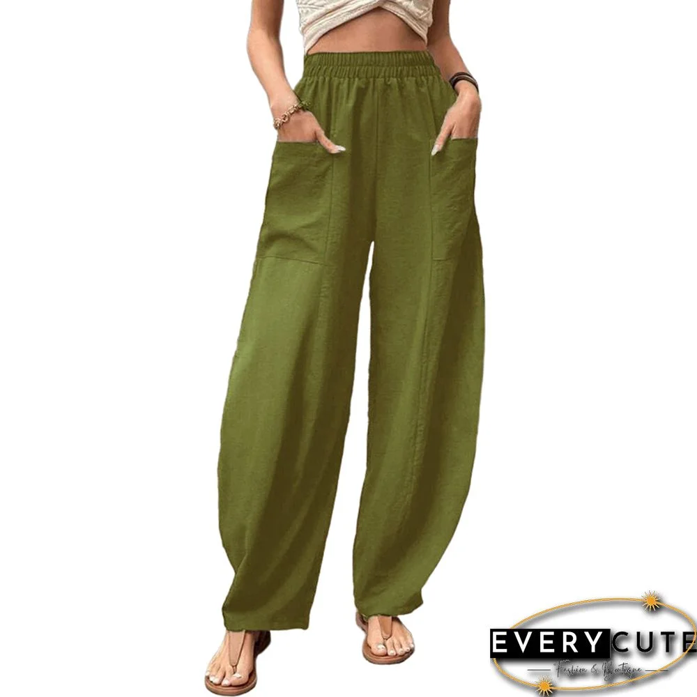 Green Solid Elastic Waist Pocket Casual Pants