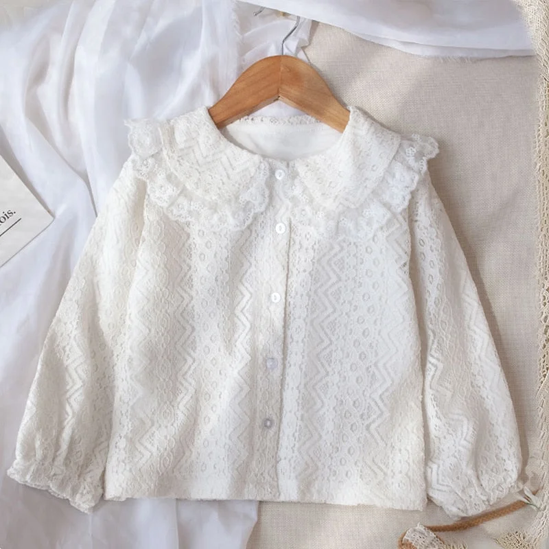 White Lace Girls Blouese Spring Autumn Cotton Long Sleeve Shirts for Kids Cute Baby Girls Blouse Shirt Tops 2 3 4 5 6 7 8 Years