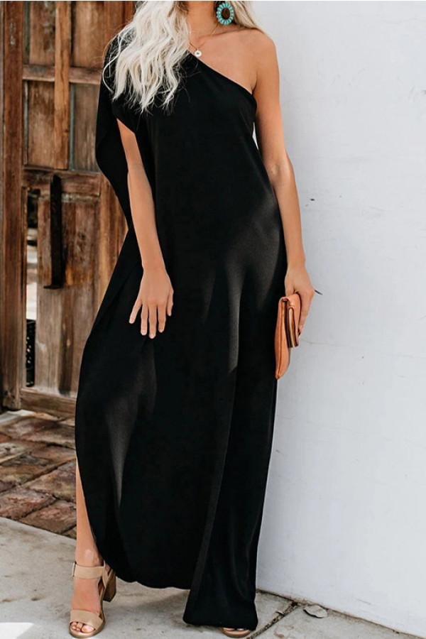 Solid One-shoulder Slit Maxi Dress - Life is Beautiful for You - SheChoic