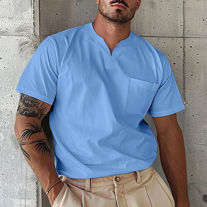 Men's Elastic Cotton Pocket Short Sleeve V-neck T-shirt-inspireuse