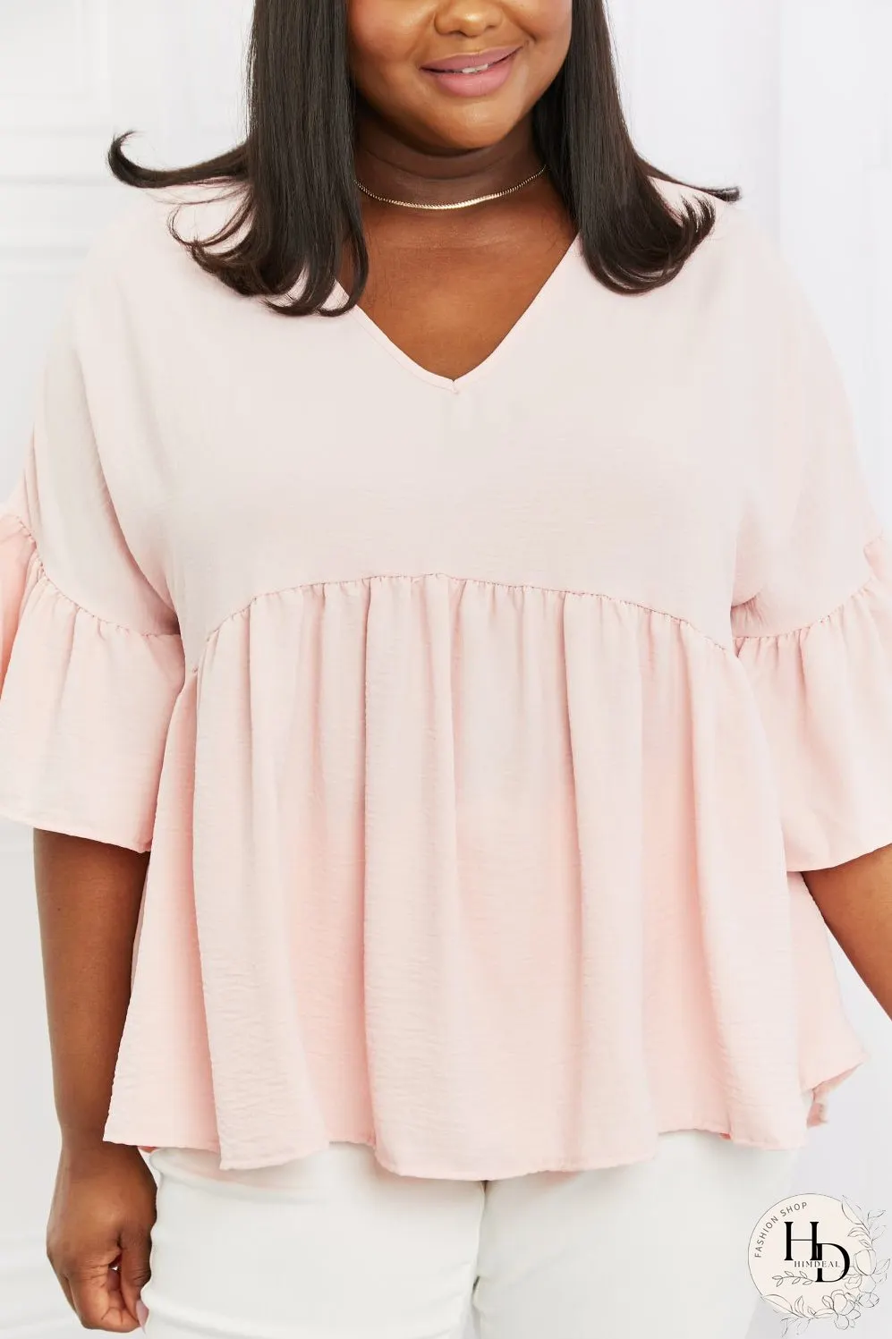 Celeste Look At Me Full Size Flowy Ruffle Sleeve Top in Pink