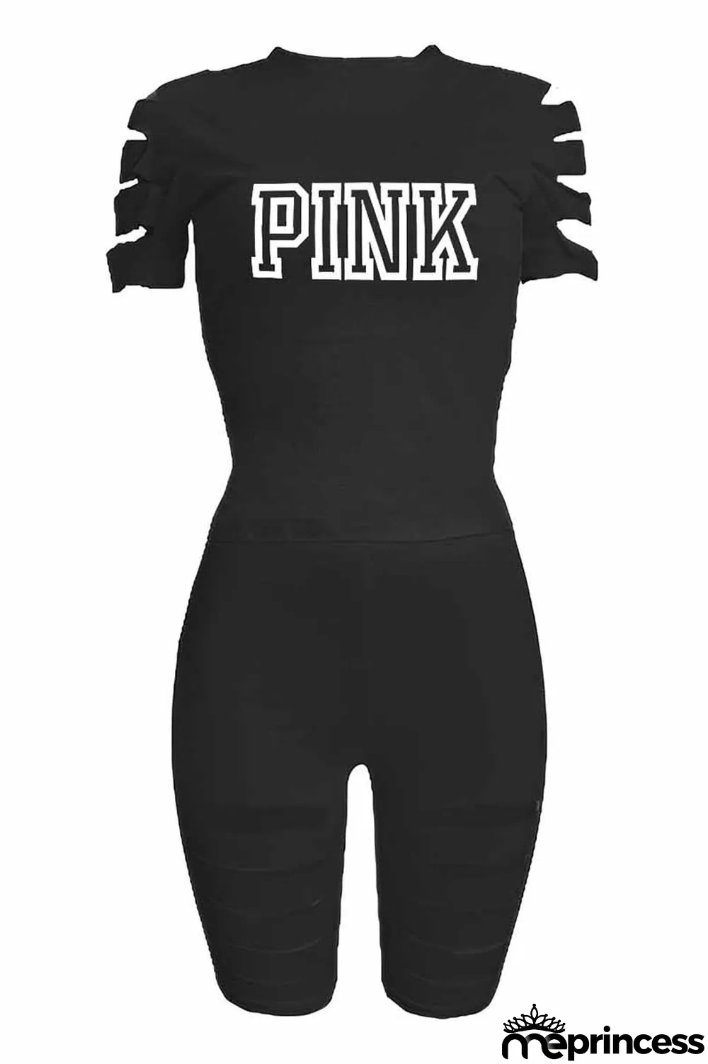 Black Casual Print Ripped Letter O Neck Short Sleeve Two Pieces