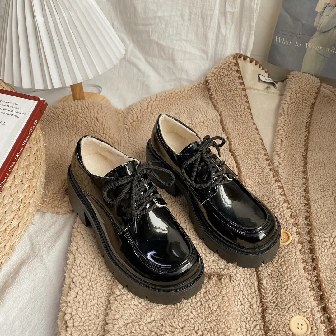 Back To School Uniform Shoes Small Leather Shoes Female British Girl Japanese Wild Black Retro Mary Jane Shoes Lolita Platform Shoes Low Hee