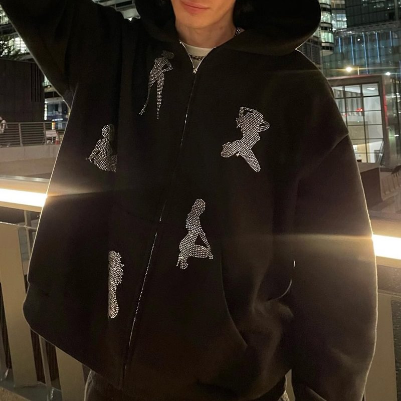 Rhinestone Graphic Streetwear Hip Hop Oversize Zipup Hooded Sweatshirt-VESSFUL