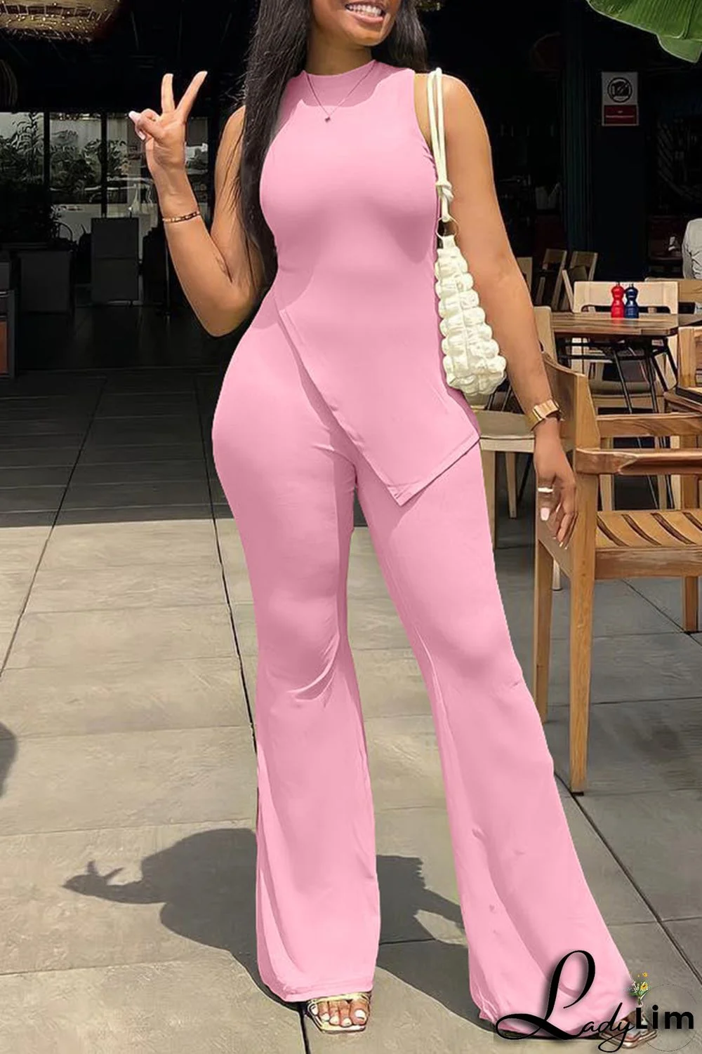 Pink Fashion Casual Solid Slit O Neck Sleeveless Two Pieces