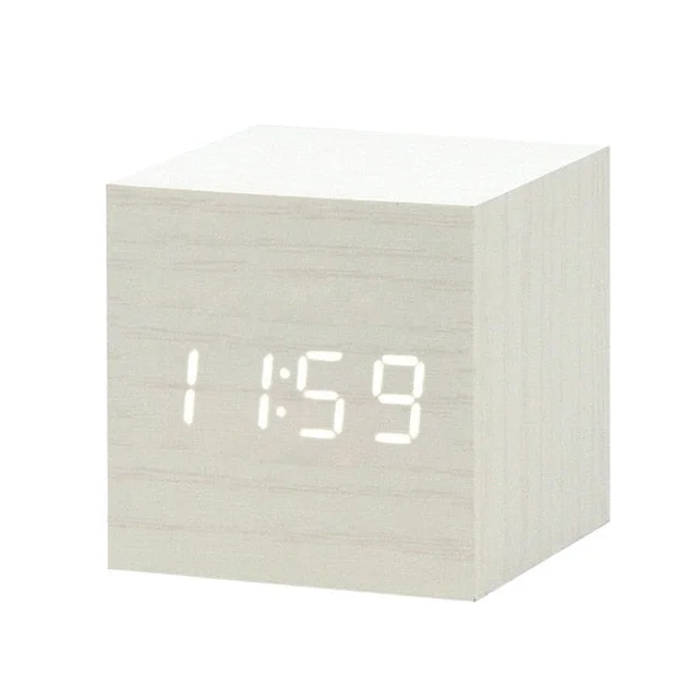 Wooden Digital LED Alarm Clock Voice Control USB/AAA Powered Electronic Table Clock Multifunction Temperature Desk Watch Decor