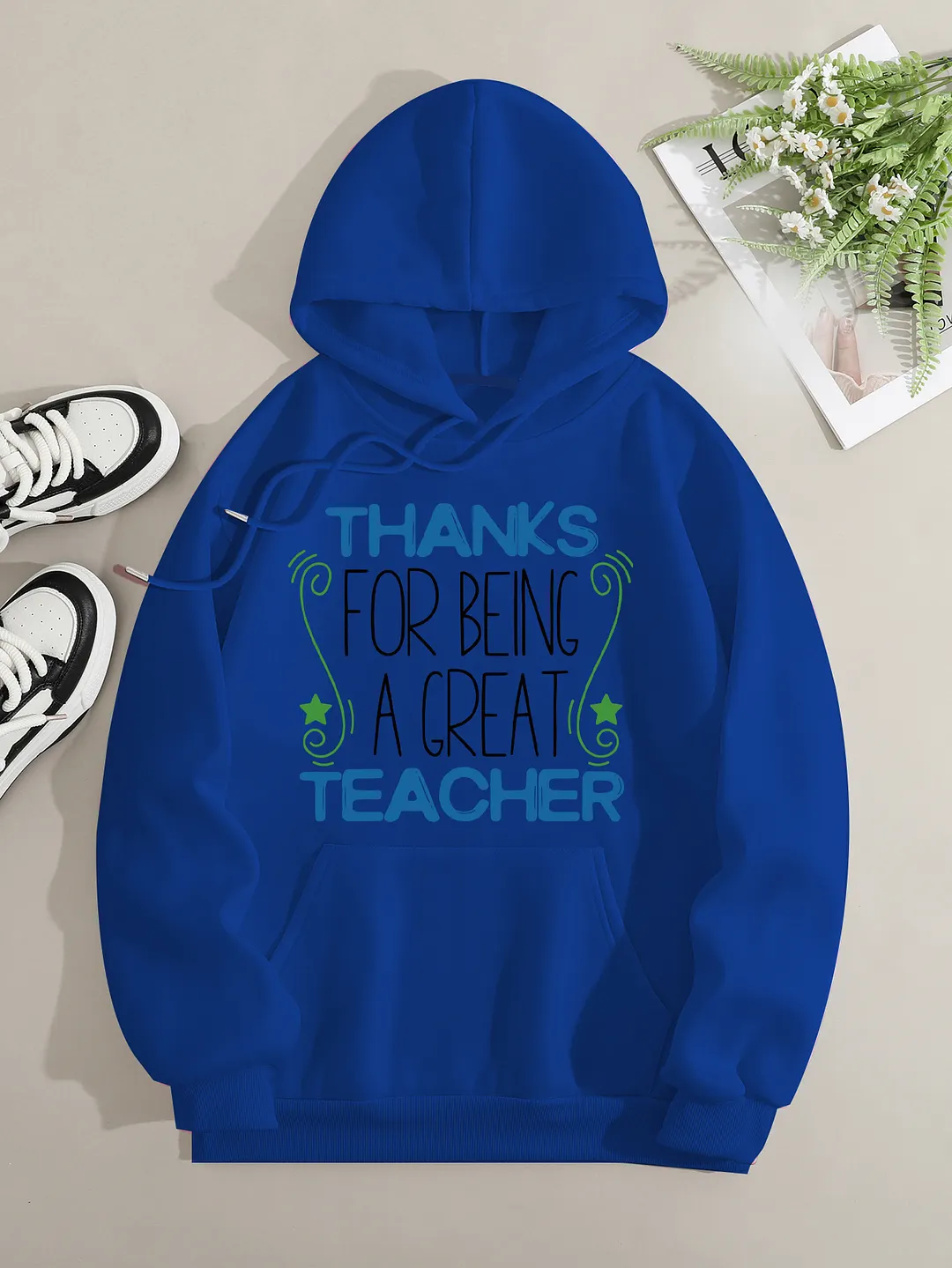 Printed on front Kangaroo Pocket Hoodie Long Sleeve for Women Pattern Thank you teacher