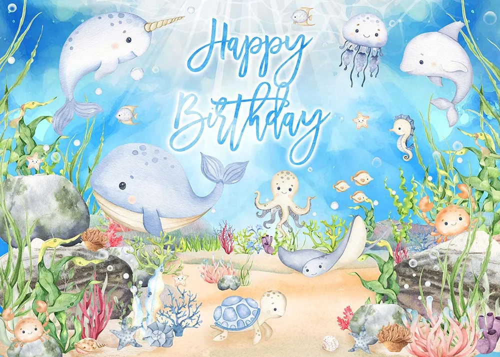 Underwater World Marine Animals Happy Birthday Party Backdrop RedBirdParty