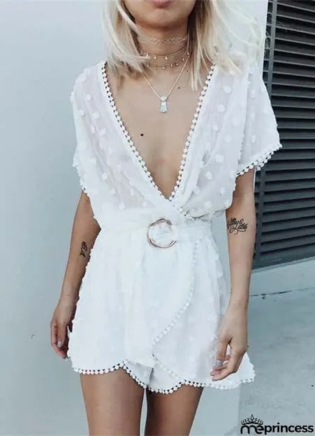 Deep V Neck Chiffon Romper with Belt