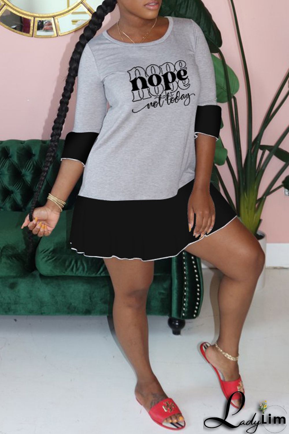 Black Gray Fashion Casual Letter Print Patchwork O Neck Dresses