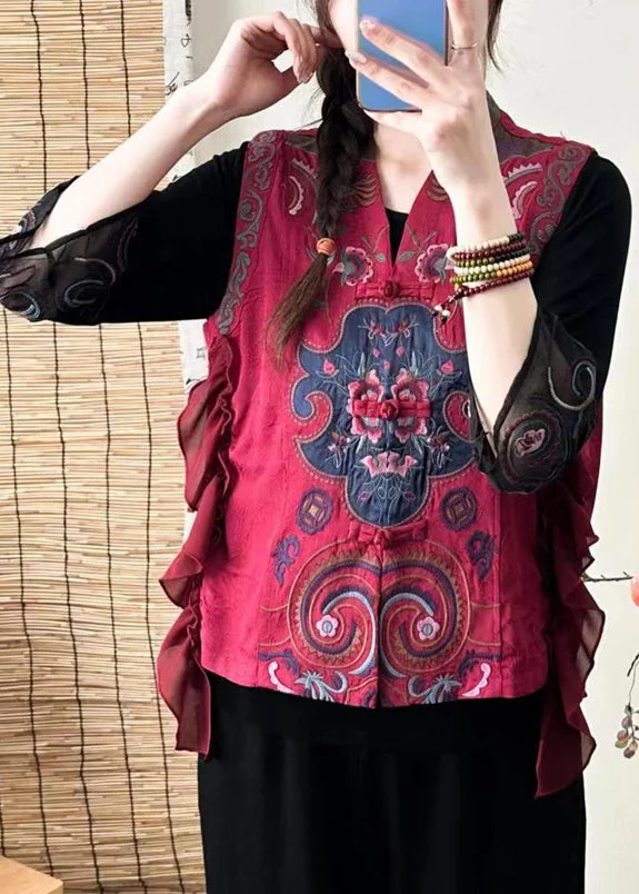 Red Button Patchwork Silk Waistcoat Embroideried Sleeveless