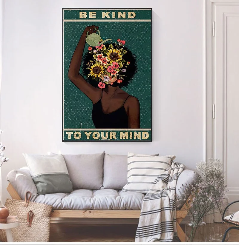 Black Girl Mental Health Poster Mental Be Kind To Your Mind Positive Art Prints African Woman Vintage Canvas Painting Home Decor
