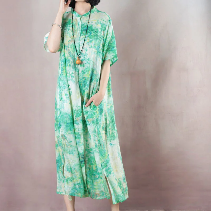 fine green linen caftans oversized Stand gown 2018 short sleeve print kaftans