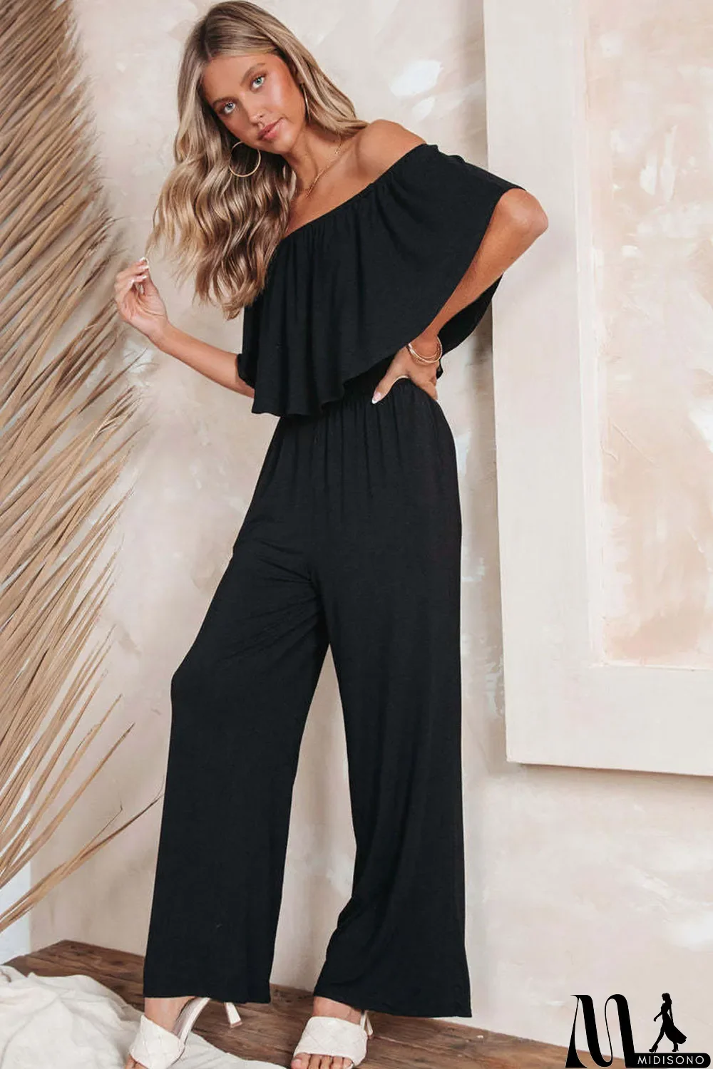 MidiSono - Black Solid Color Off Shoulder Wide Leg Jumpsuit