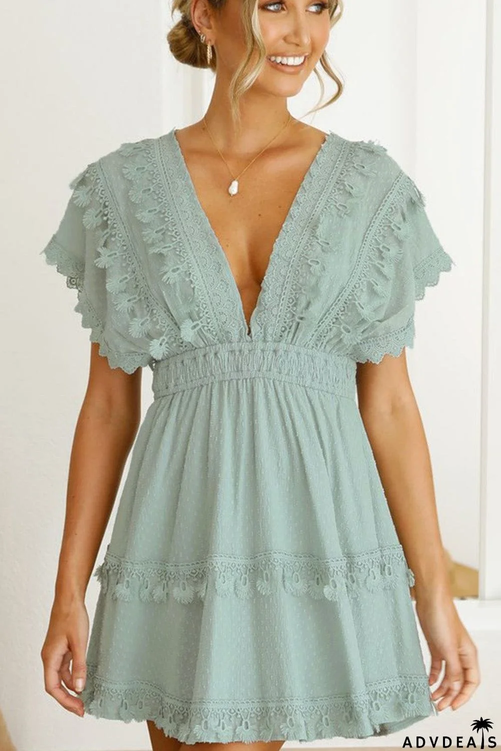 Deep V Neck Backless Tassels Lace Mini Dress