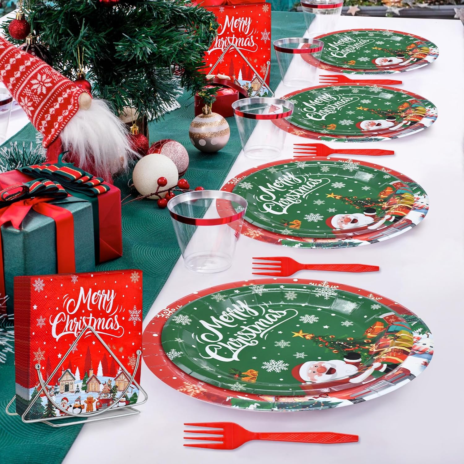 Tegooe 100-Piece Disposable Christmas Tableware Set Serves 25 Guests Paper Plates Napkins