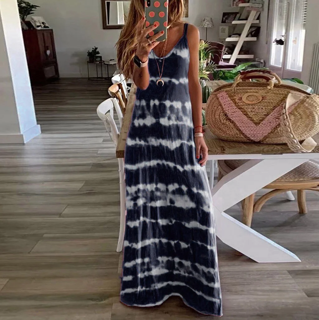 Plus Size Dress Women Gradient Tie-Dye Striped Summer Dresses V Neck Sleeveless Casual Bohemian Maxi Dress Beach Tank Dresses