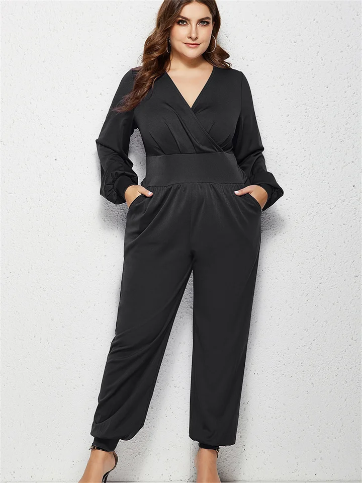 Simple Solid Color Women's Fall New Large Size Fashion V-neck Long-sleeved with Pockets Jumpsuit