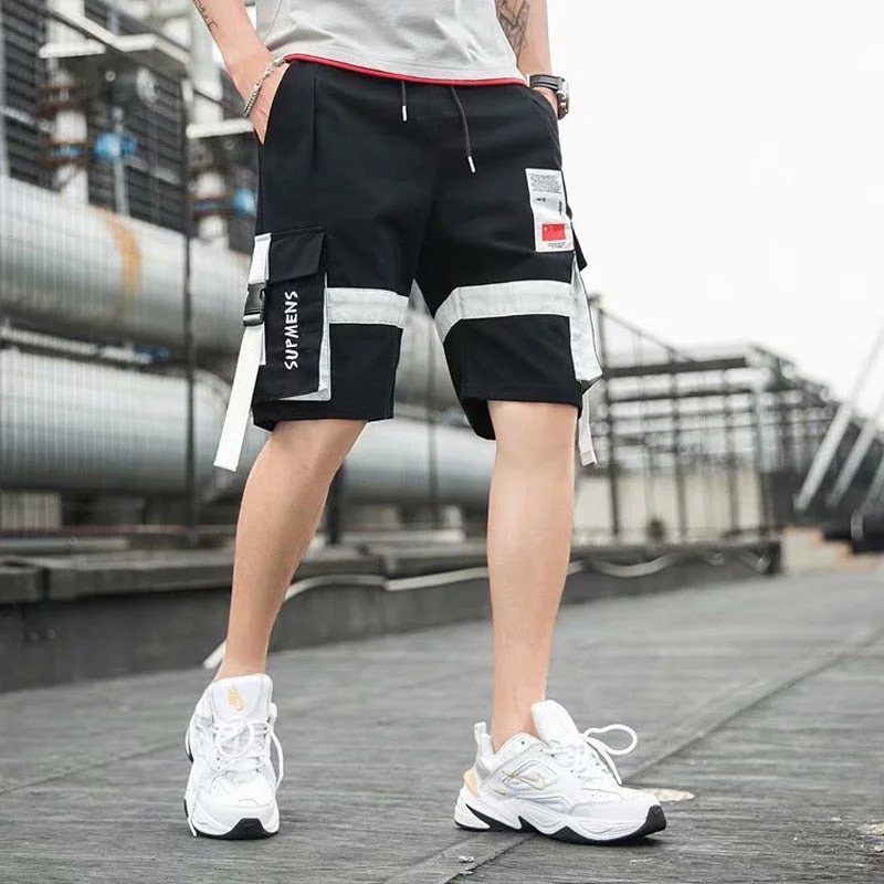 Mix Color Summer Shorts for Men Black White Cargo Pants Shorts Men Fashion Casual Stylish Pockets Ribbons Hip Hop Streetwear