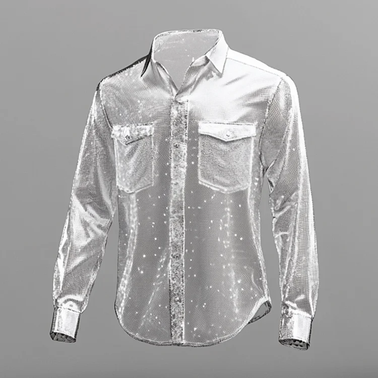 Okaywear Mesh Sequin See-Through Flap Pocket Long Sleeve Shirt 