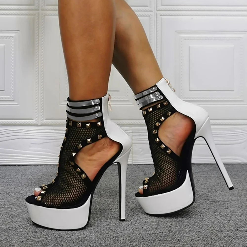Black Cutout Open Toe Platform Sandals with Gold Studs Heels Nicepairs