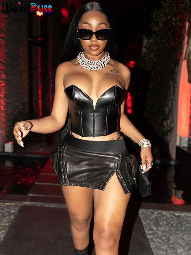 Weird Puss PU 2 Piece Set Women Sexy Hipster Leather Luxury Corset Top+Pocket Split Skirts Midnight Clubwear Matching Outfits