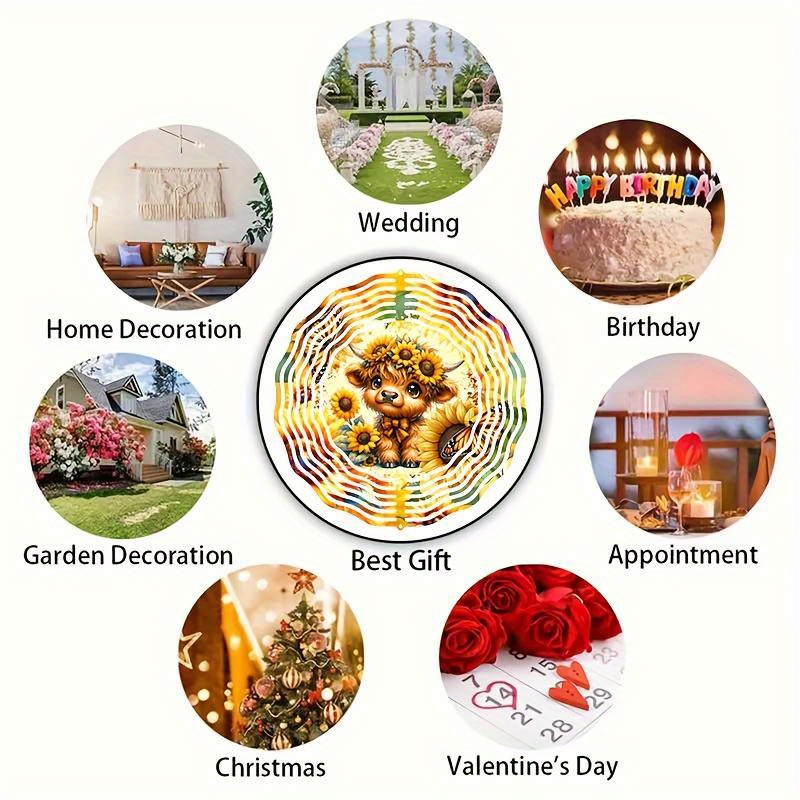 Tegooe Tegooe Highland Cow Sunflower Metal Wind Spinner 2D Laser-Cut Hanging Outdoor Garden Art Patio Decor