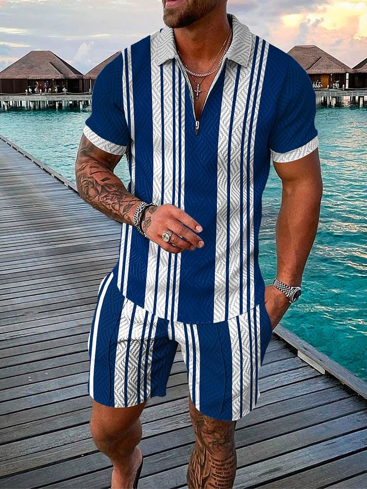 Men's Lapel Striped Printed Short Sleeve Suit