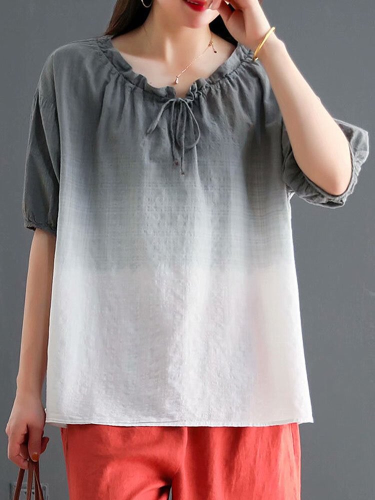 Gradient Color O neck Knotted Half Sleeve Women Blouse P1858946