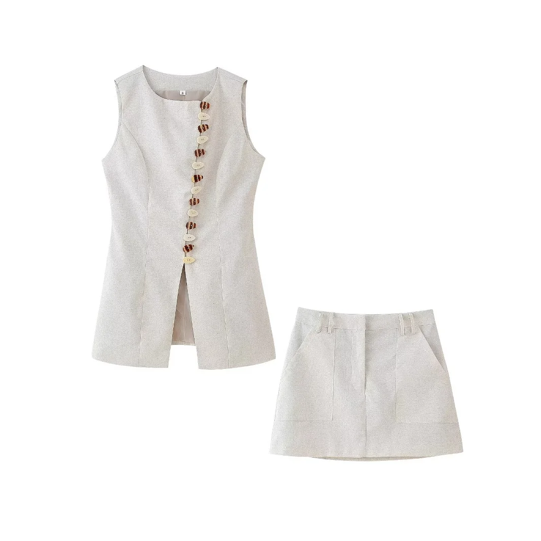 Nigikala Nigikala For Women's Clothing INS Burst Round-Neck Buckle Buckle Cotton Vest + Short Skirt