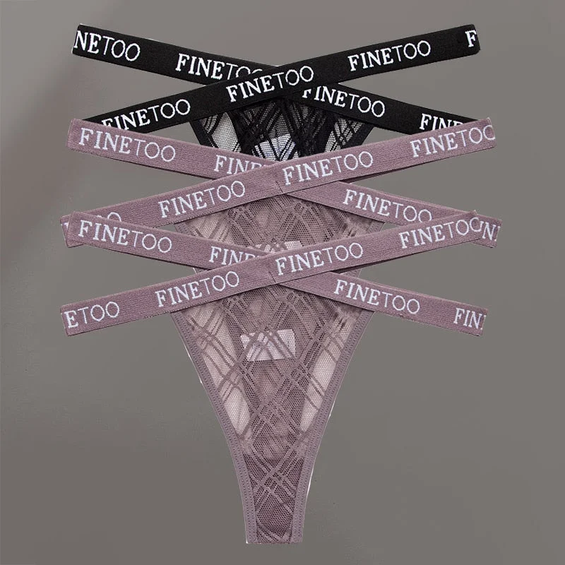 FINETOO 3PCS/Set Women's Letter Lace Mesh G-string Sexy Cross Strap Panties Midi Waist Underwear Thongs Femme Hollow Out Panties