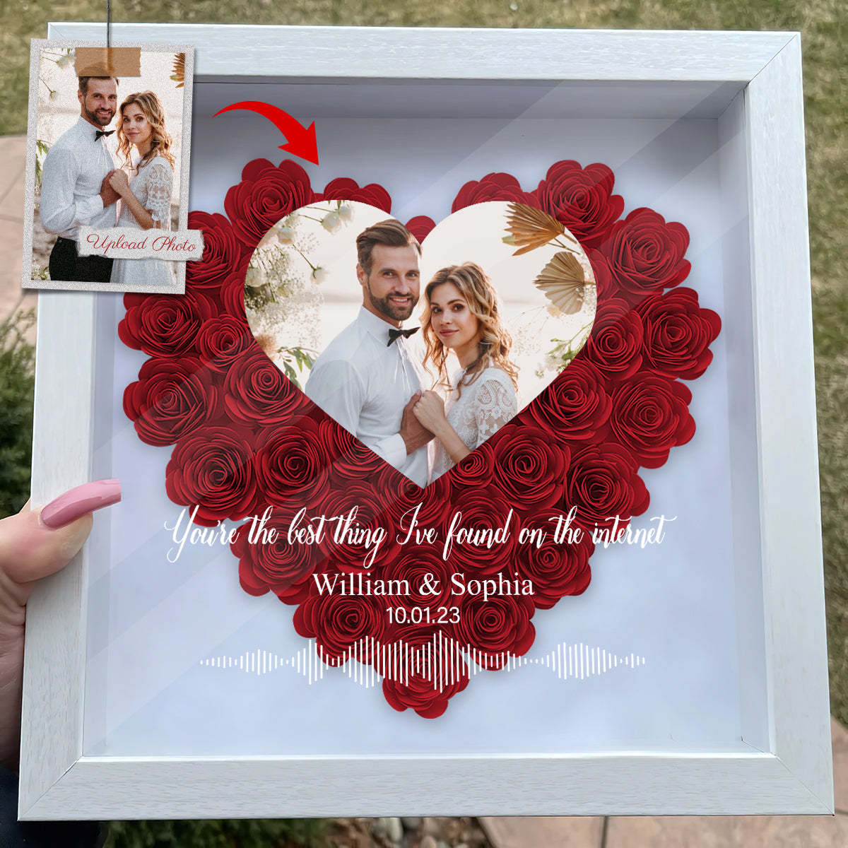 Custom Photo, Names, Date, Message & Soundwave – Personalized Couple Flower Shadow Box