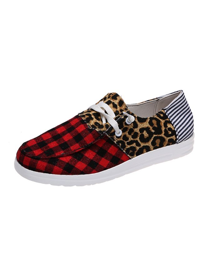 Women's Leopard Red Plaid Black and White Striped Patchwork Canvas Casual Shoes CS392- Fabulory