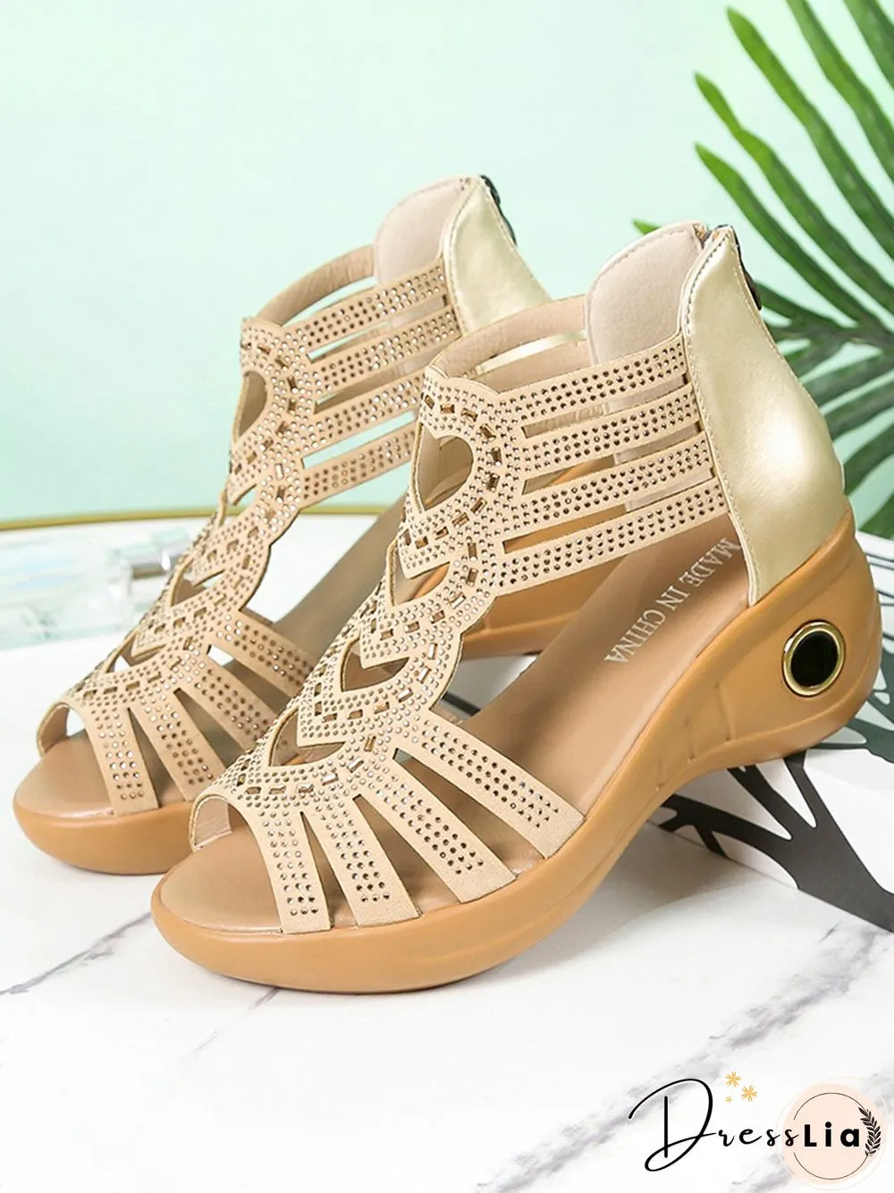 Rhinestone Cutout Heart Shape Wedge Sandals