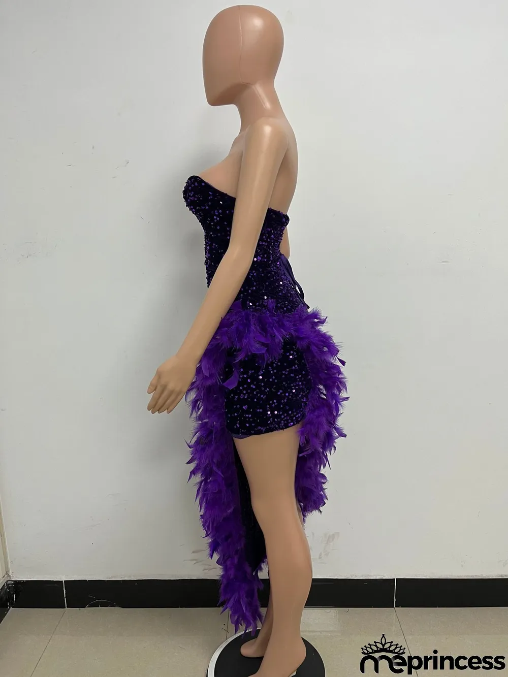 Women Sexy Off Shoulder Backless Sequin Feather Dress