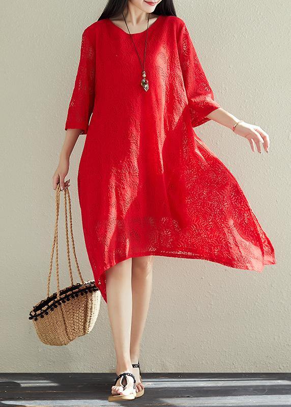 VCSHOES red cotton outfit pattern asymmetric hem Dresses summer Dress