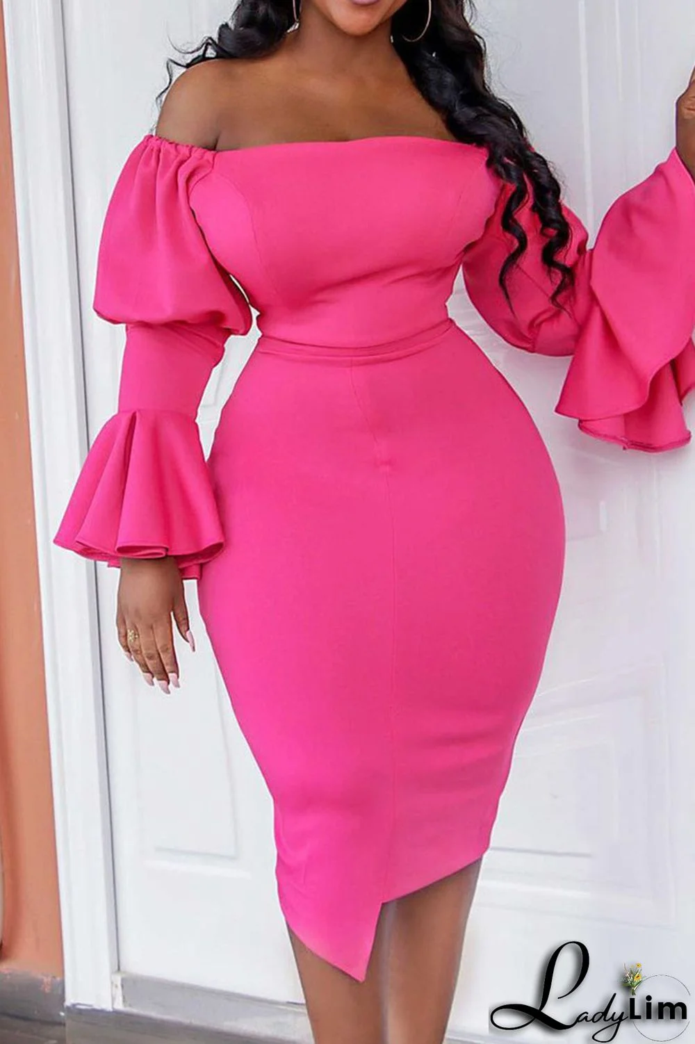 Rose Pink Casual Solid Split Joint Off the Shoulder Irregular Dress Dresses