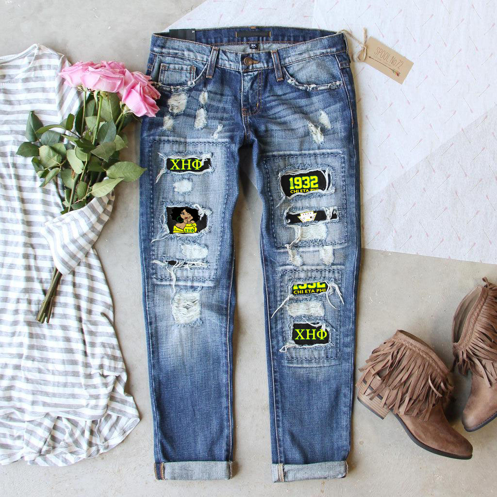 Fashionable Retro Distressed Printed Jeans