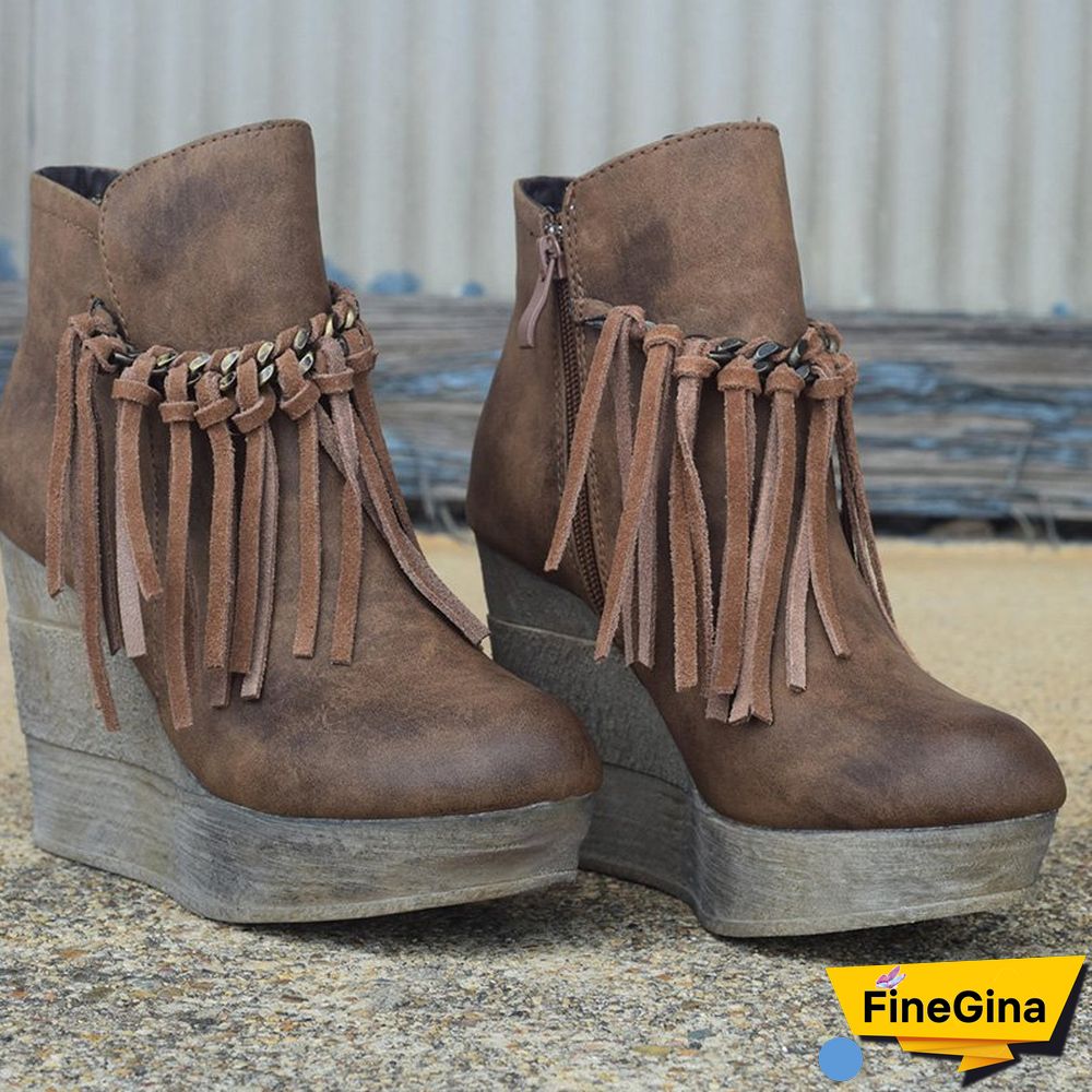 Wedge Booties Artificial Leather Tassel Boots Wedge Heel Zipper Shoes