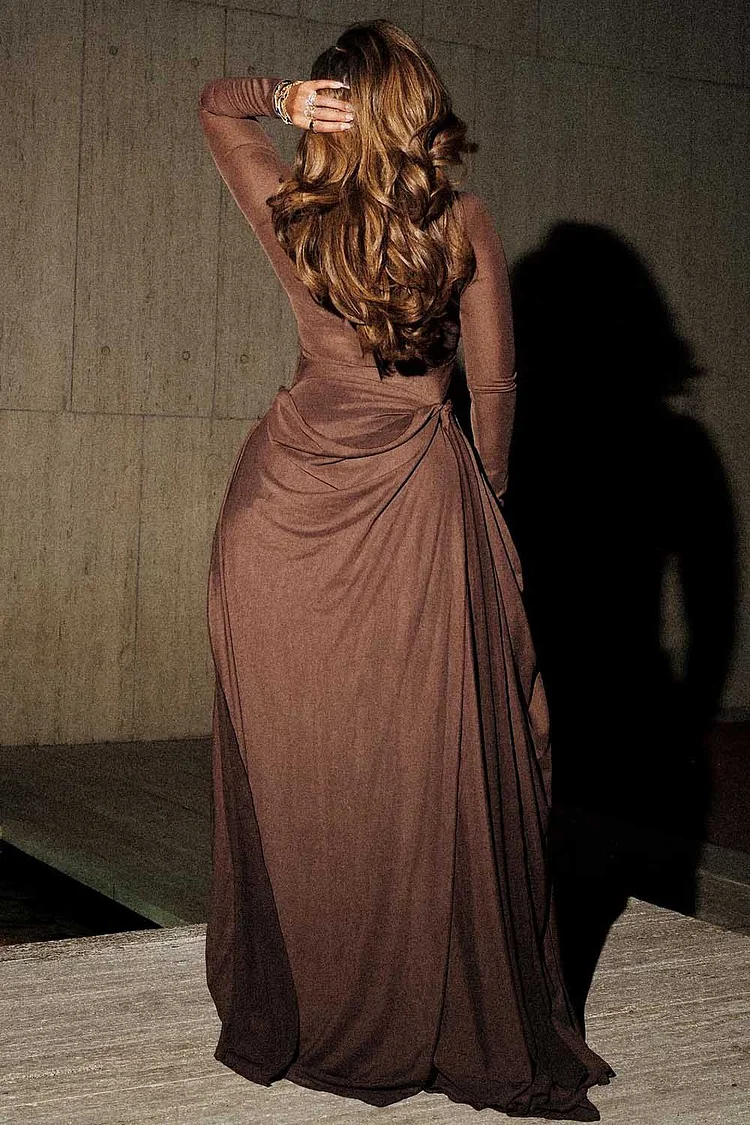 Illusion Neck Long Sleeve Cutout Slit Party Maxi Dresses-Brown [Pre Order]