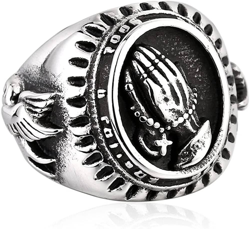 JAJAFOOK Punk Men's Silver Stainless Steel Religious Praying Hands Prayer Ring Band