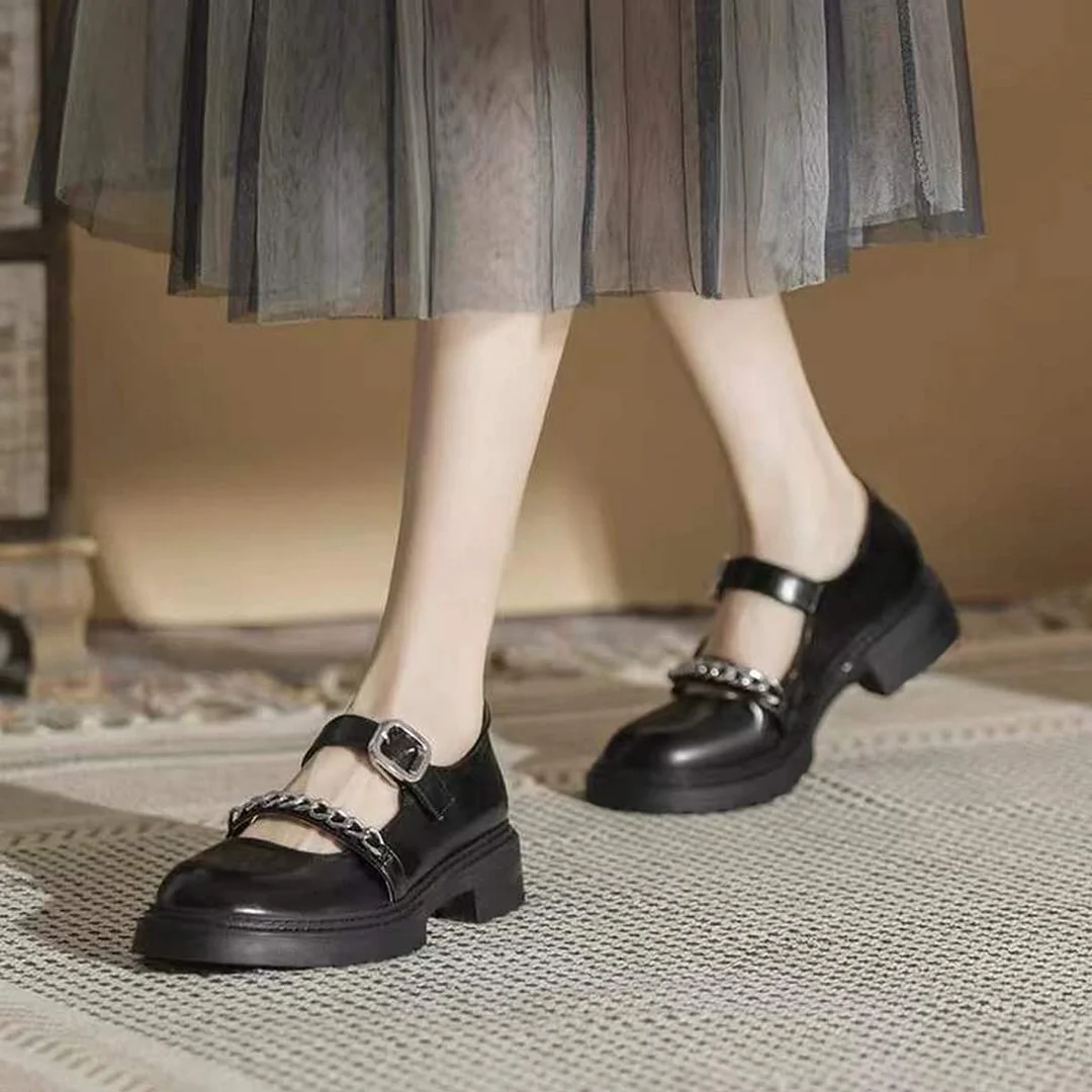 Black Vegan Leather Round Toe Metallic Chain Strappy Mary Jane Shoes 