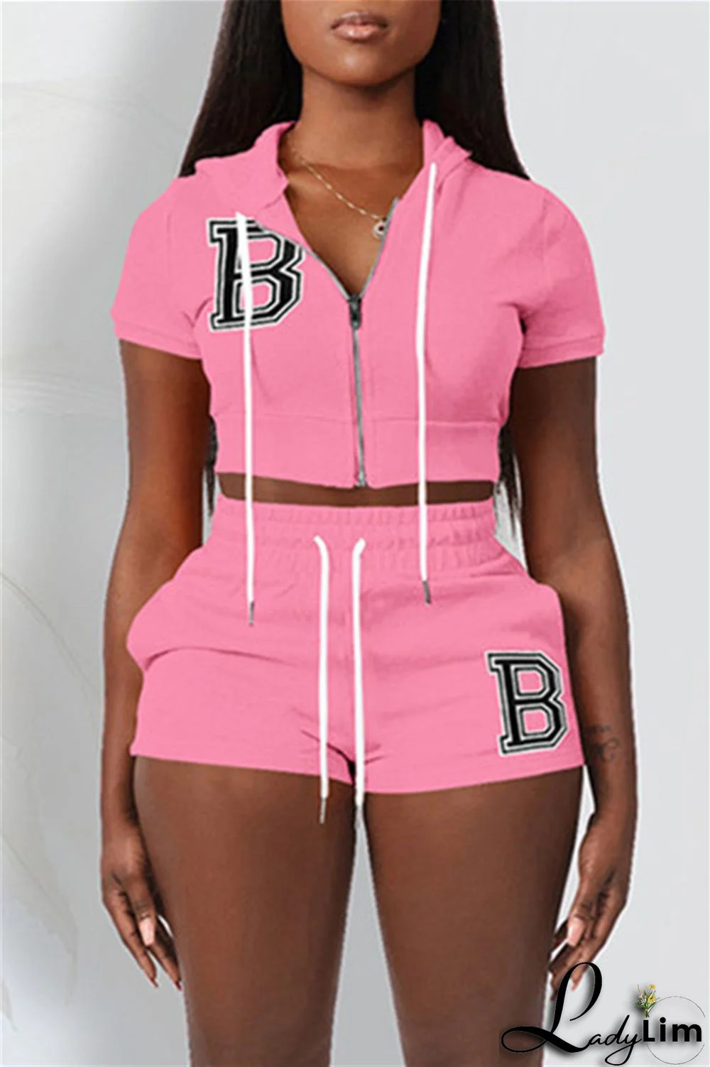 Pink Fashion Casual Letter Solid Embroidered Hooded Collar Short Sleeve Two Pieces