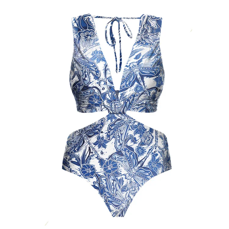 Flaxmaker Plus Size Blue Dragonfly Printed Cutout One Piece Swimsuit and Cover Up